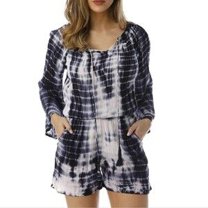 Riviera Sun Blue Tie Dye 3/4 Sleeve Crepe Beachy Romper